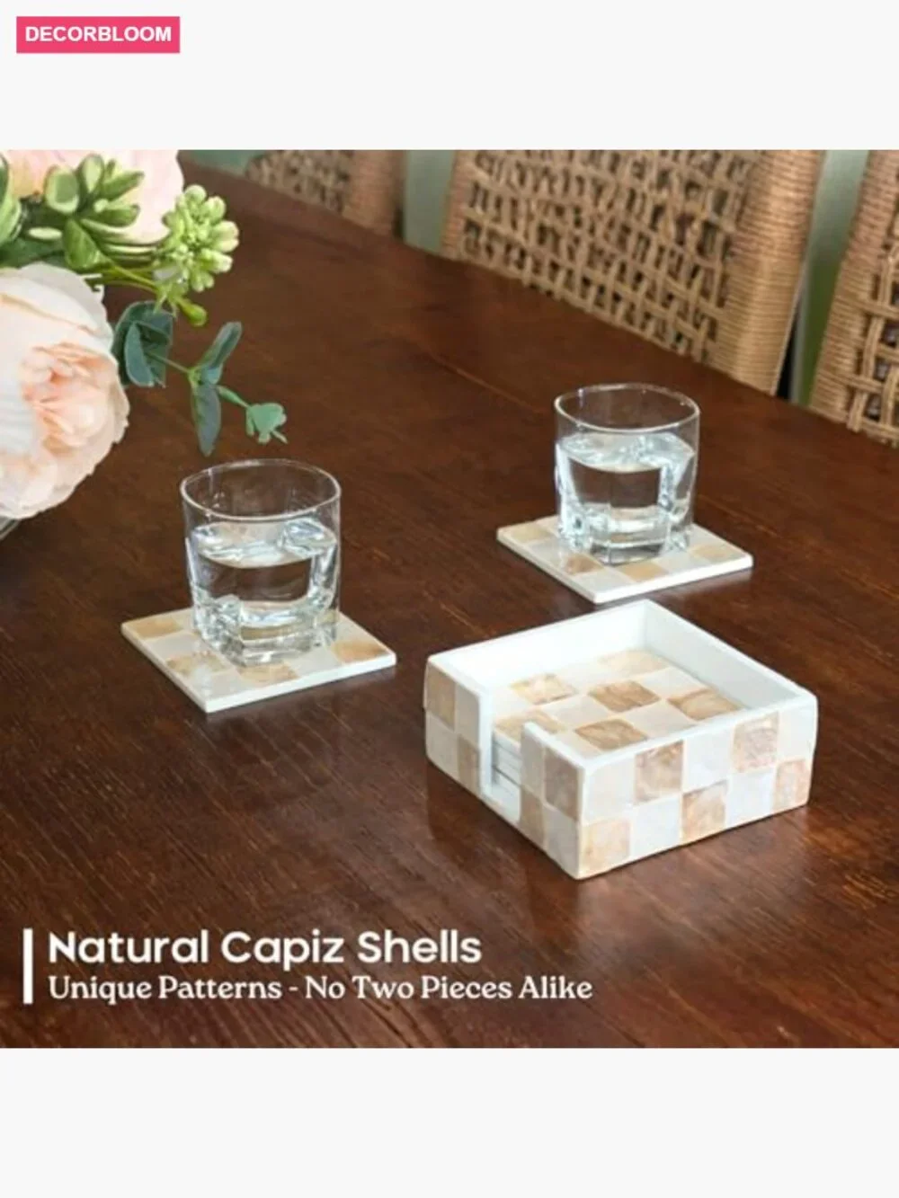 Set of 6 Capiz Shell Checkered Coasters with Holder